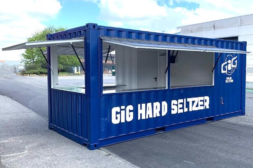 Custom blue bar container with logo, paint job and choice of colour for Gig Hard Seltzer. Advertise business at any event. Available for hire or sale at ContainerID 