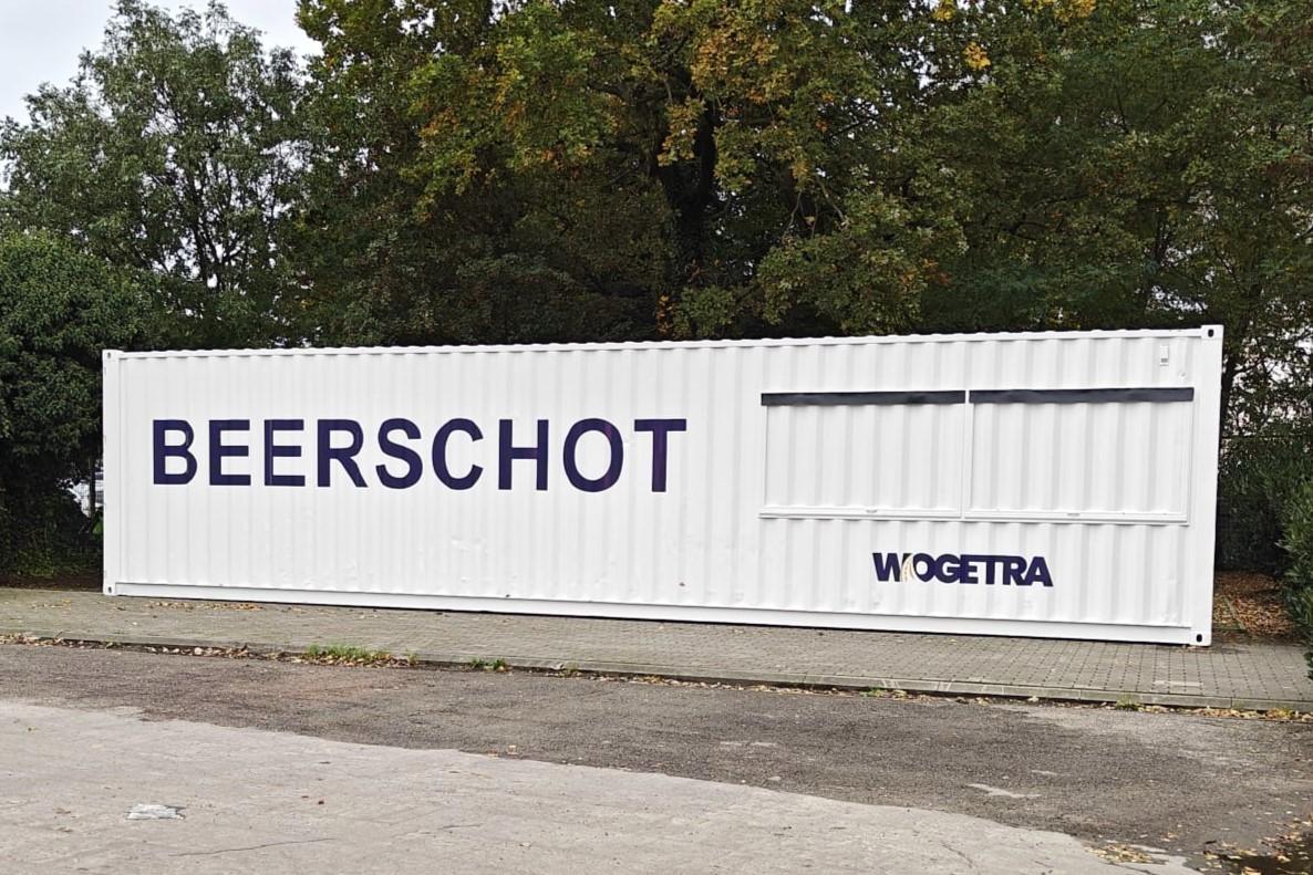 40 foot white and purple Beerschot football club custom bar container for food and drinks and ticket booth at any event by ContainerID for sale or rent