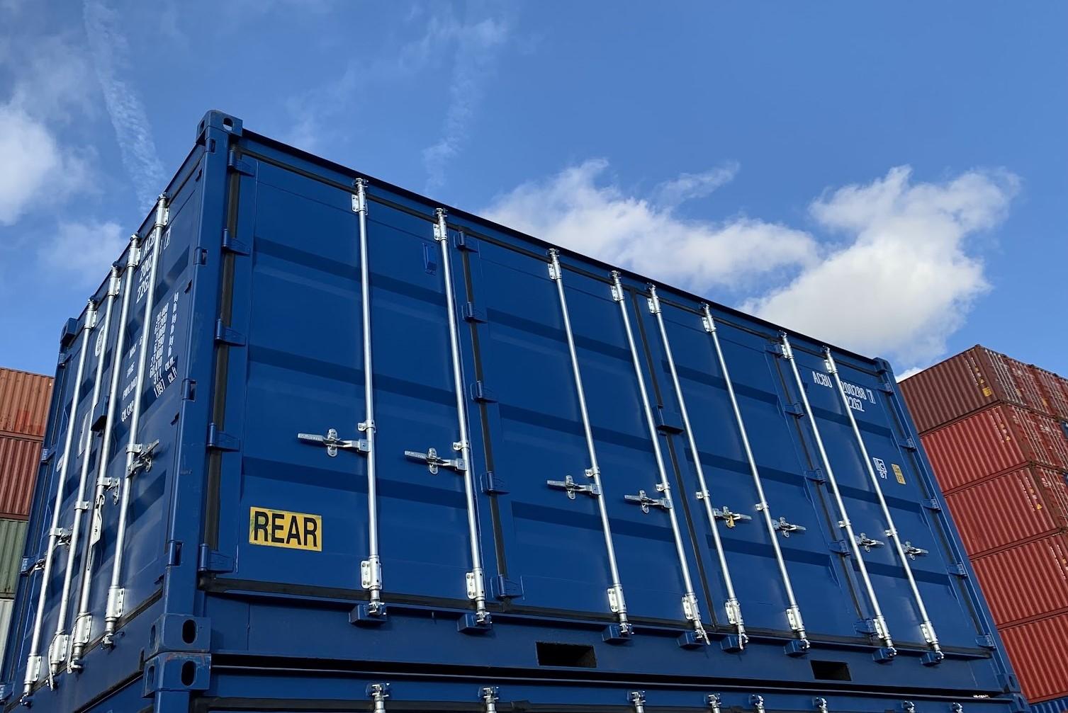 20 foot new dark blue open side special container available at depot for sale or rent at ContainerID