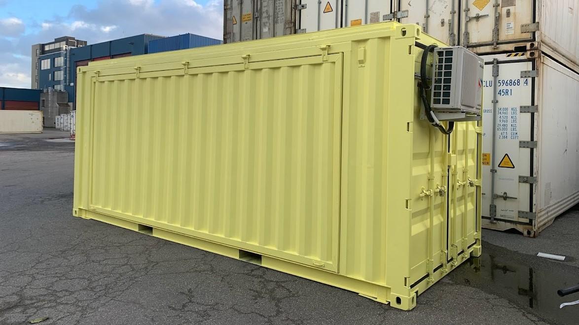 Yellow 20 foot custom painted shipping container with large opening hatch and air conditioning in Antwerp by ContainerID for STUBRU