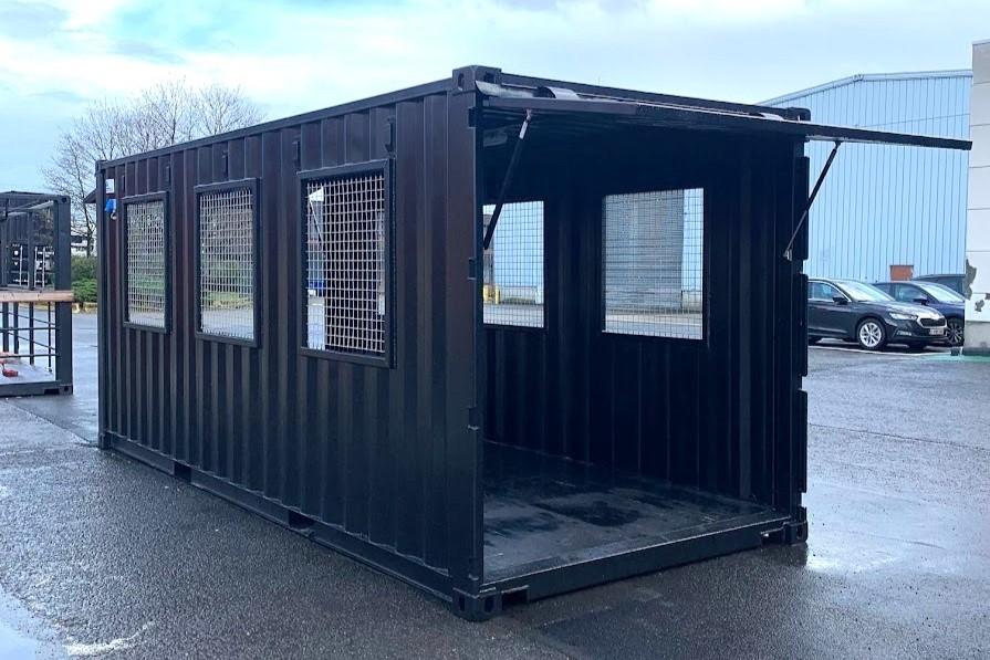 New 20 ft black container conversion into safety tunnel for Plug n Play with black floor, grated windows and opening hatches